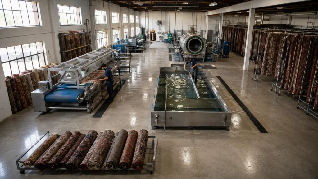 Industrial rug-washing facility with workers cleaning rolled carpets in a large workshop.