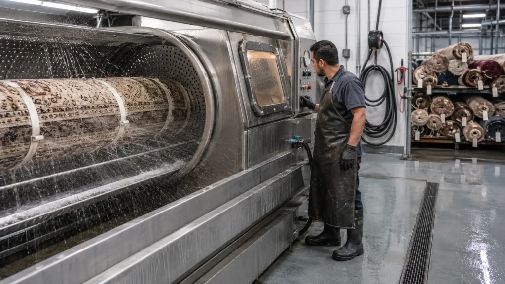 Worker in an apron and boots operating a large stainless steel industrial rug washing machine with a rotating perforated drum and water spray inside the chamber.