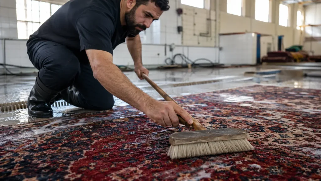 Man kneeling and sweeping a large colorful rug with a wide brush in a workshop or warehouse.