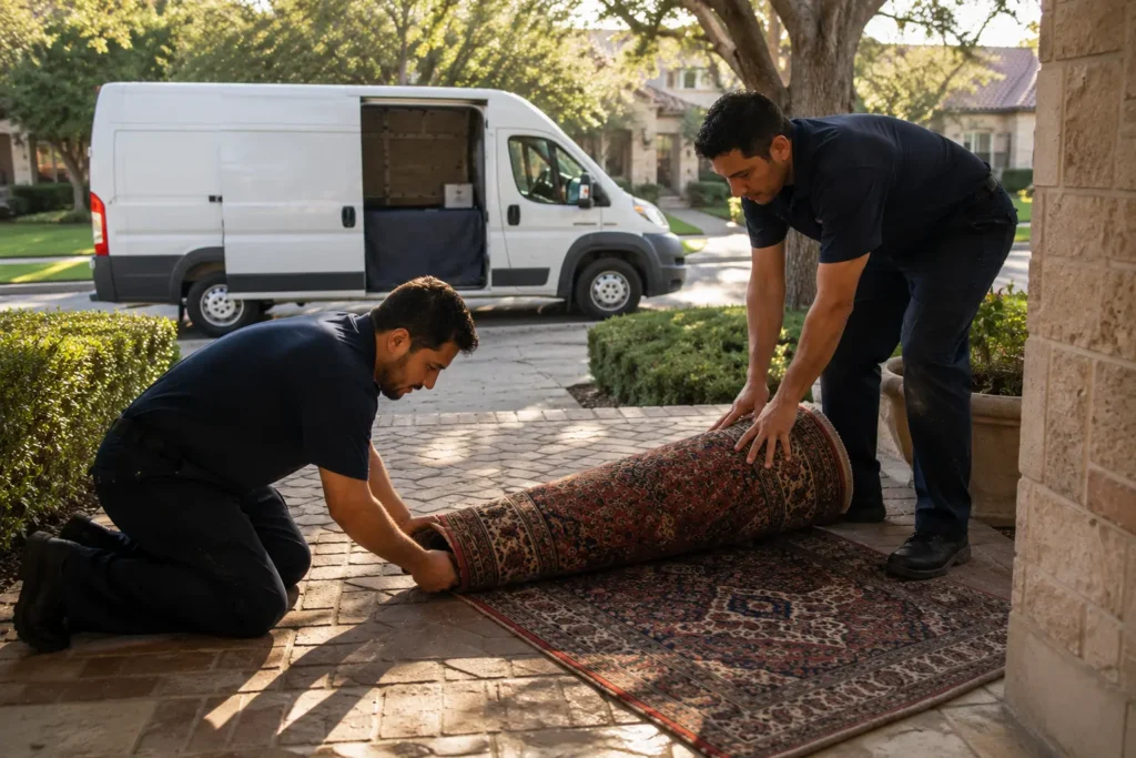 Two movers on a front porch roll up a large patterned rug as a white moving van sits parked in the street behind them
