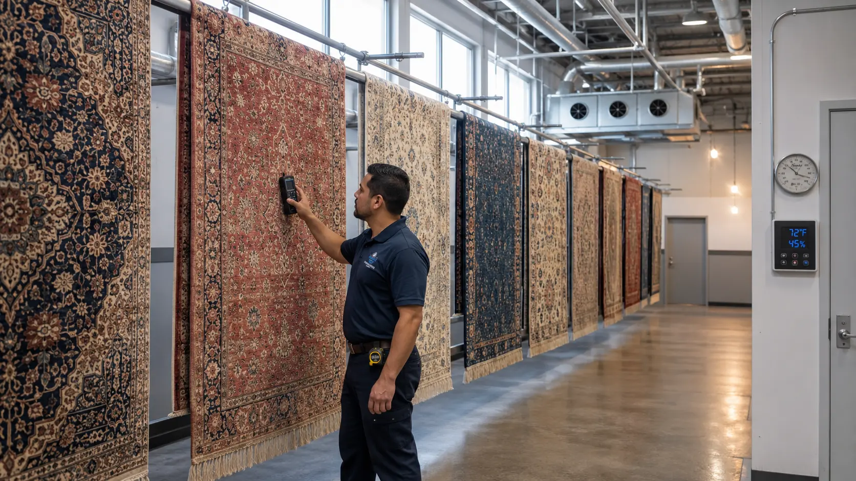 Worker in a navy uniform scans a hanging oriental rug in a brightly lit rug showroom.