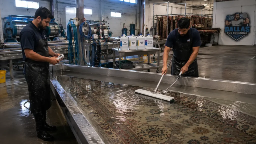 Two workers in a rug-cleaning shop wash a large rug in a long metal trough, using a flat mop.