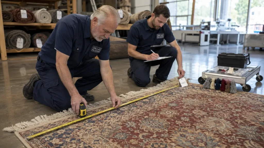 Two workers in navy uniforms measure a large oriental rug on the floor, one using a tape measure and the other taking notes on a clipboard.
