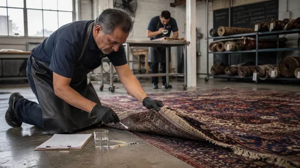 A rug restorer kneels on the floor, stitching and inspecting a Persian-style rug in a workshop, with a clipboard and color swatches nearby.