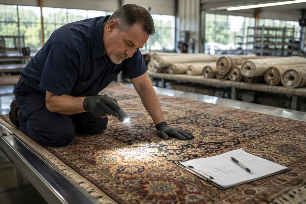 Man in navy workwear kneels on an ornate rug in a workshop, using a small flashlight to inspect the carpet; clipboard rests nearby.